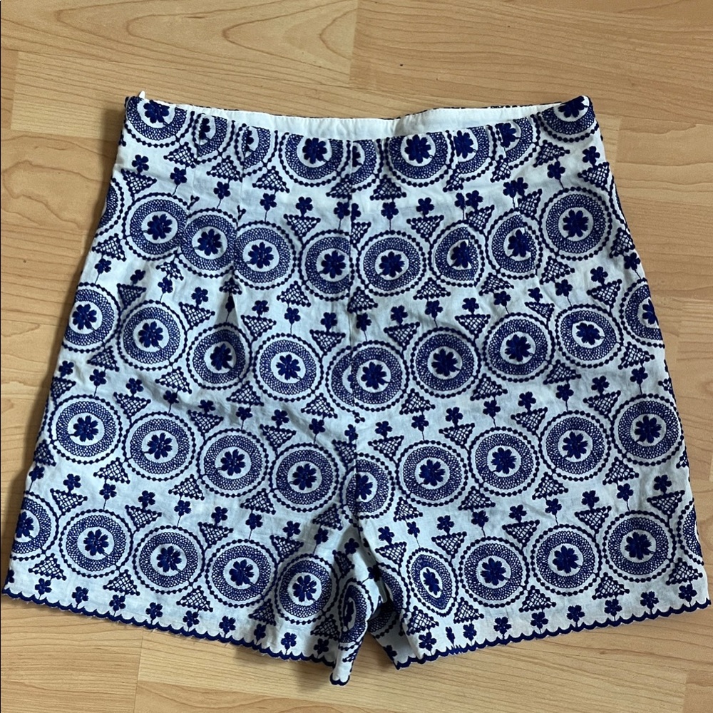 Zara High Waist Blue and White Patterned Shorts